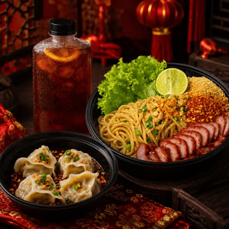 คอมโบอิ่มคุ้ม 1 สายเผ็ดจี๊ด(บะหมี่ยำหมูย่าง+เกี๊ยวทรงเครื่อง) ฟรีน้ำสุขภาพสูตร 1