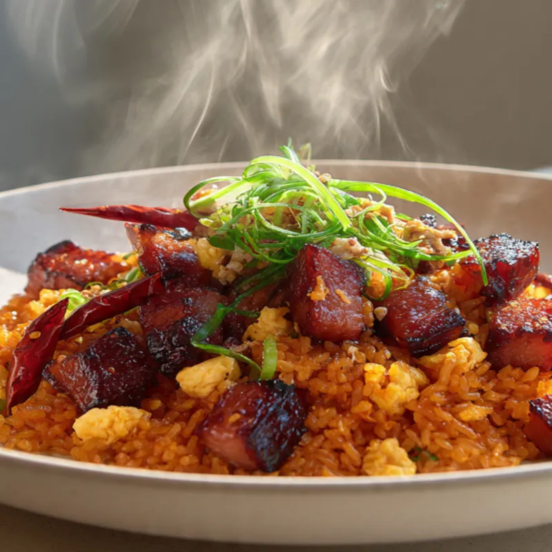 ข้าวผัดพริกหม่าล่า หมูย่างอบน้ำผึ้ง ไข่ 2 ฟอง